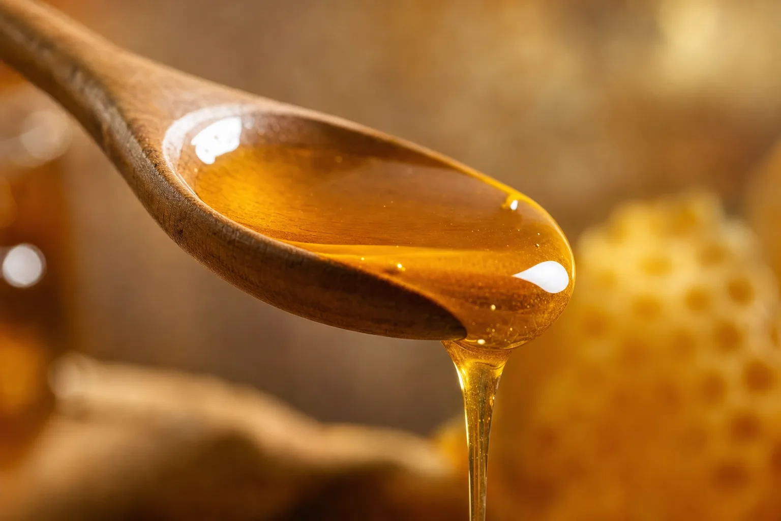 Golden honey slowly dripping from a wooden spoon, shallow depth of field, warm lighting.