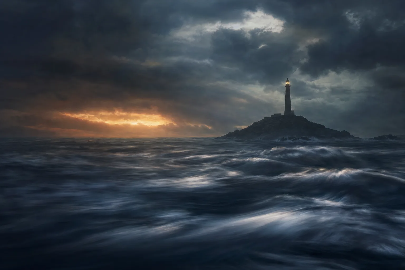 Stormy ocean with subtle motion across the waves, distant lighthouse silhouette.