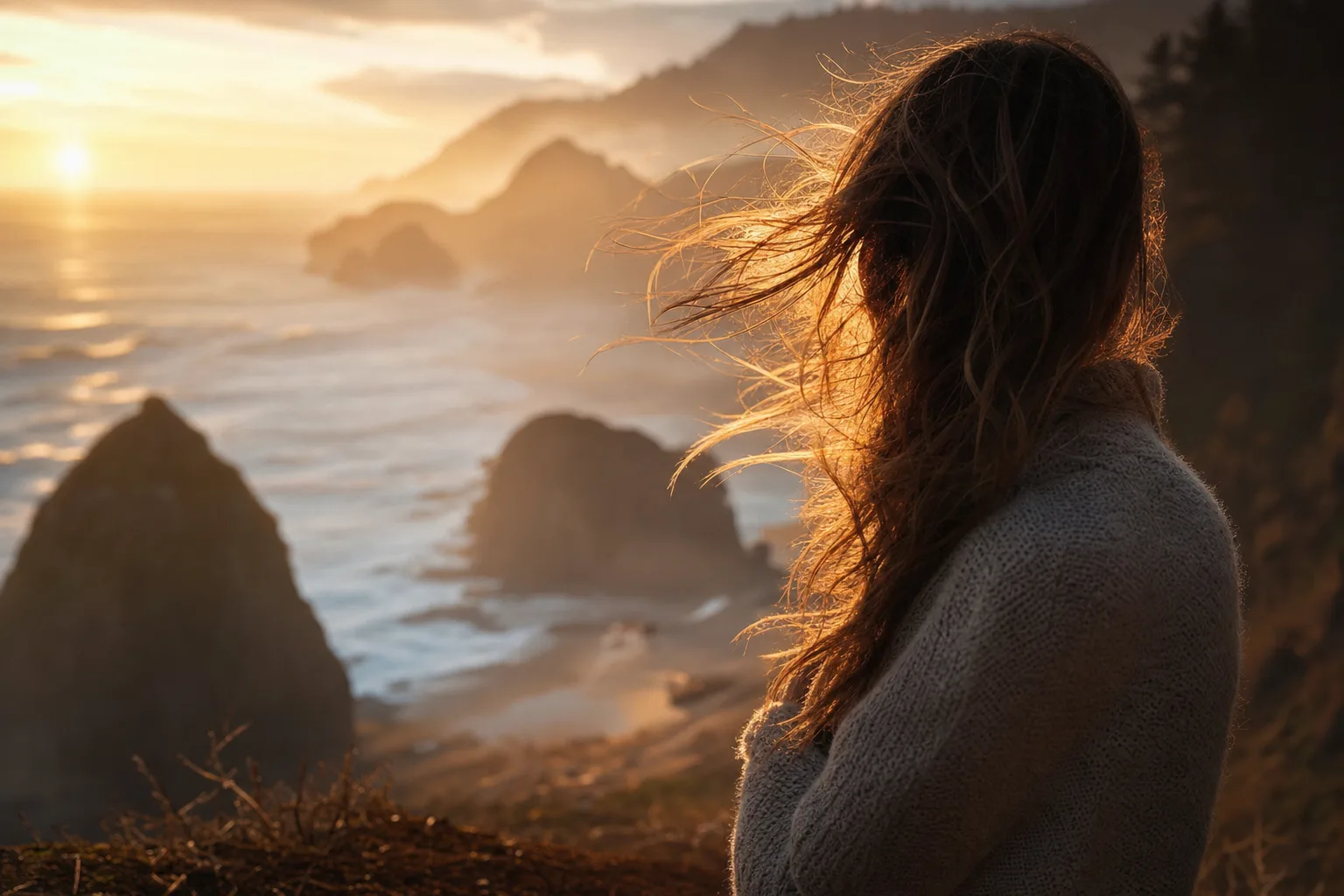 Photorealistic portrait of a woman with windswept hair on a foggy coastline at golden hour, soft rim light, shallow depth of field, 4K detail