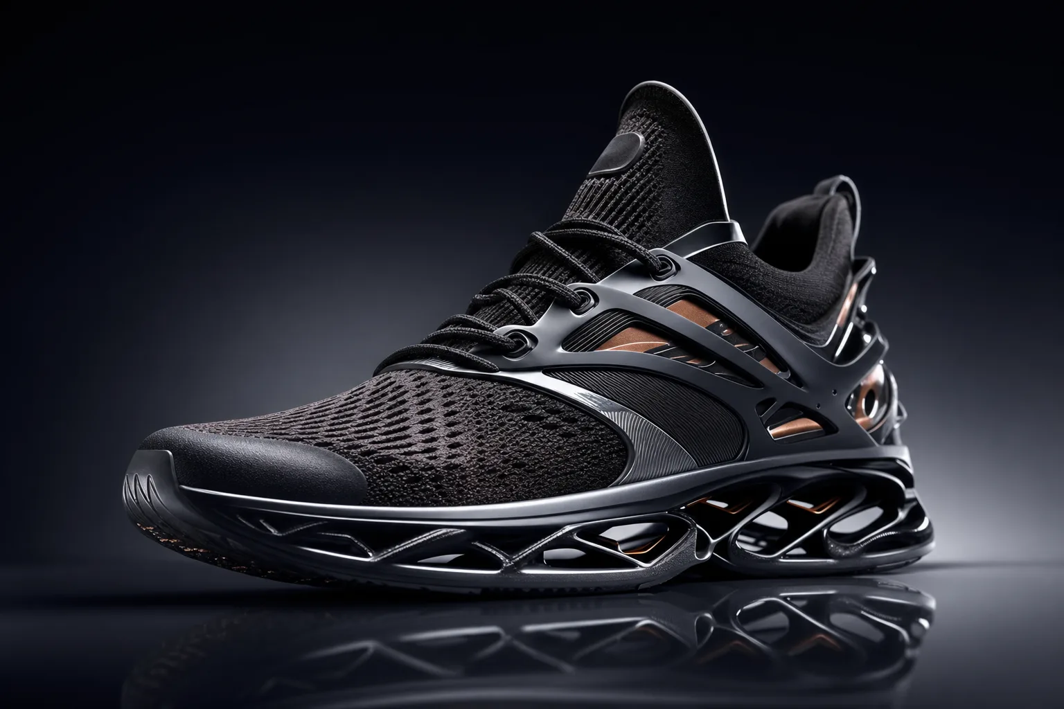 Sketch-to-render of a futuristic sneaker, glossy materials, studio lighting on a clean gradient backdrop, product shot