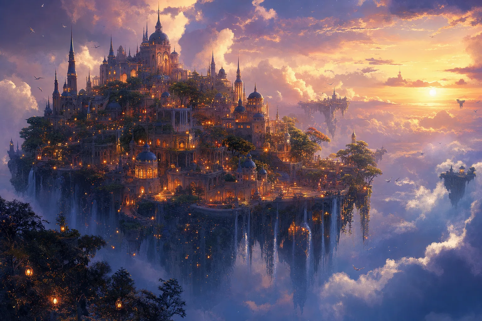 Dreamy concept art of a floating island city at dusk with waterfalls and warm lantern light, painterly style with style transfer from a watercolor reference