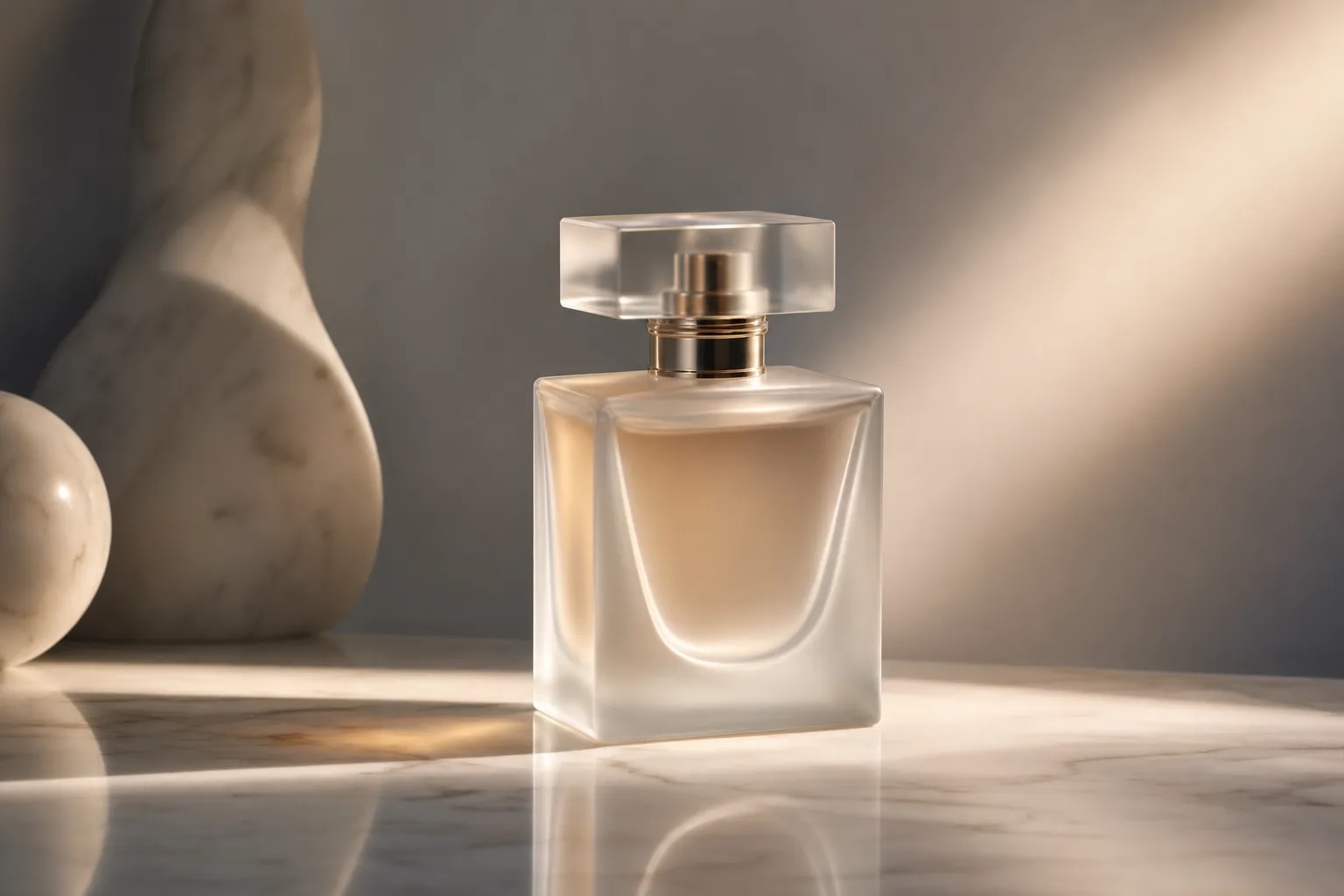 Animate this product photo: a sleek perfume bottle on a marble surface, soft light sweeping across it, slow rotating camera