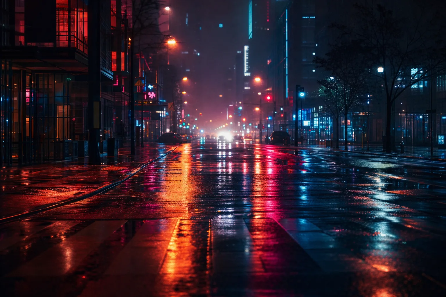Seamless loop of neon city street at night in the rain, reflections on wet asphalt, slow forward drift, moody cinematic