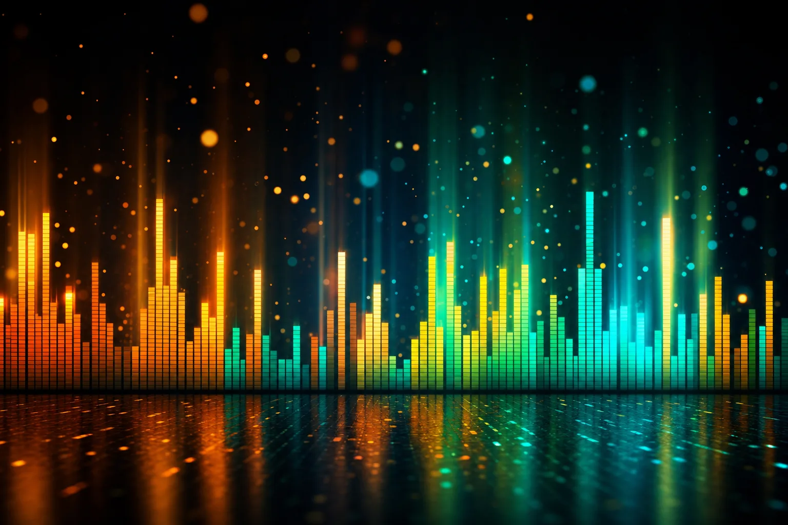 Vibrant equalizer bars rising from a dark stage with amber and teal light particles.