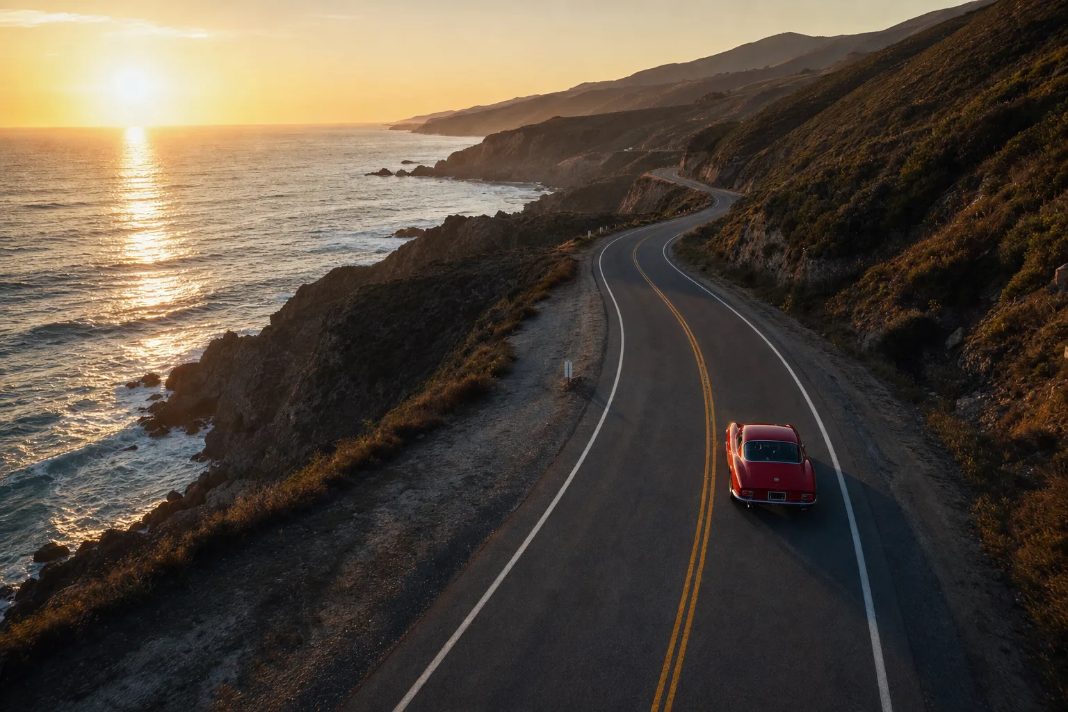 Vintage red sports car on a coastal highway at sunset, cinematic drone perspective.