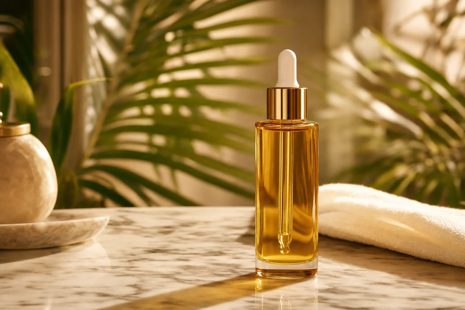 Bottle of hair oil on a marble counter with golden lighting and tropical leaves bokeh.