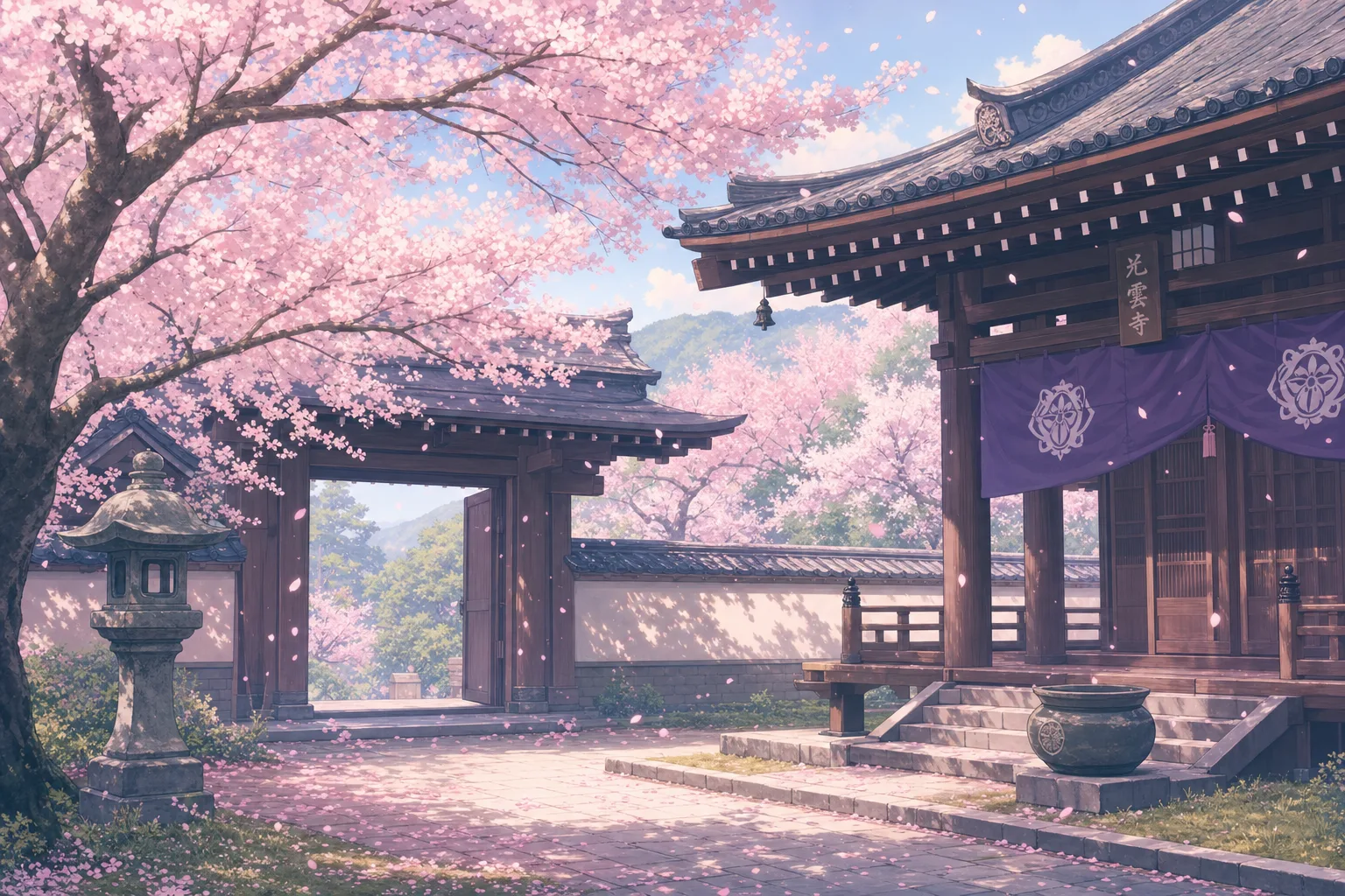 Anime style: cherry blossoms falling in a quiet temple courtyard, pastel palette.