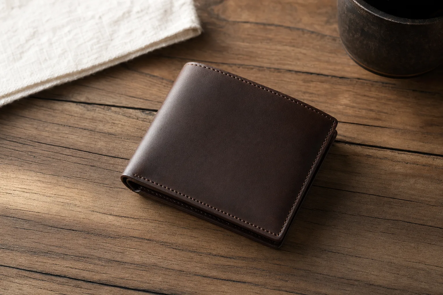 Leather wallet on a wooden surface with soft natural light from the left.