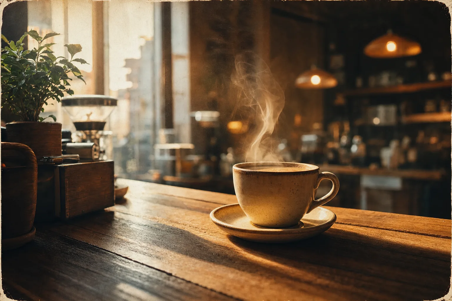 A vintage coffee shop poster with a bold headline reading FRESH ROAST, a hand-drawn coffee cup, warm cream and brown palette, clean retro typography