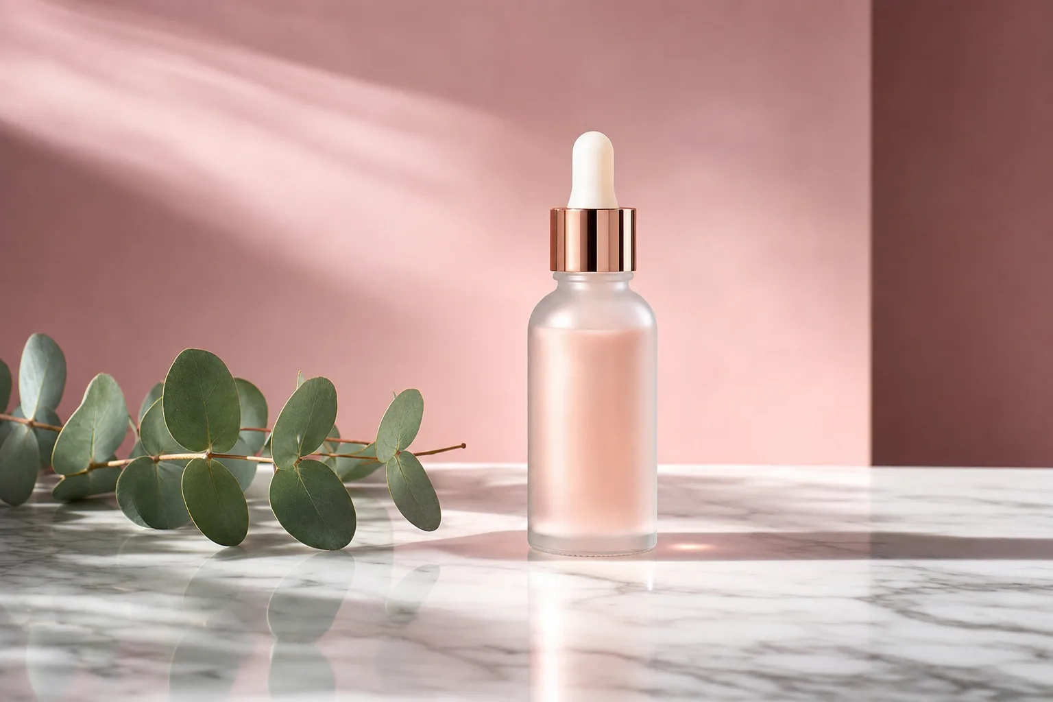 Minimalist product mockup of a skincare serum bottle on a marble surface, soft studio lighting, pastel background, clean modern label design