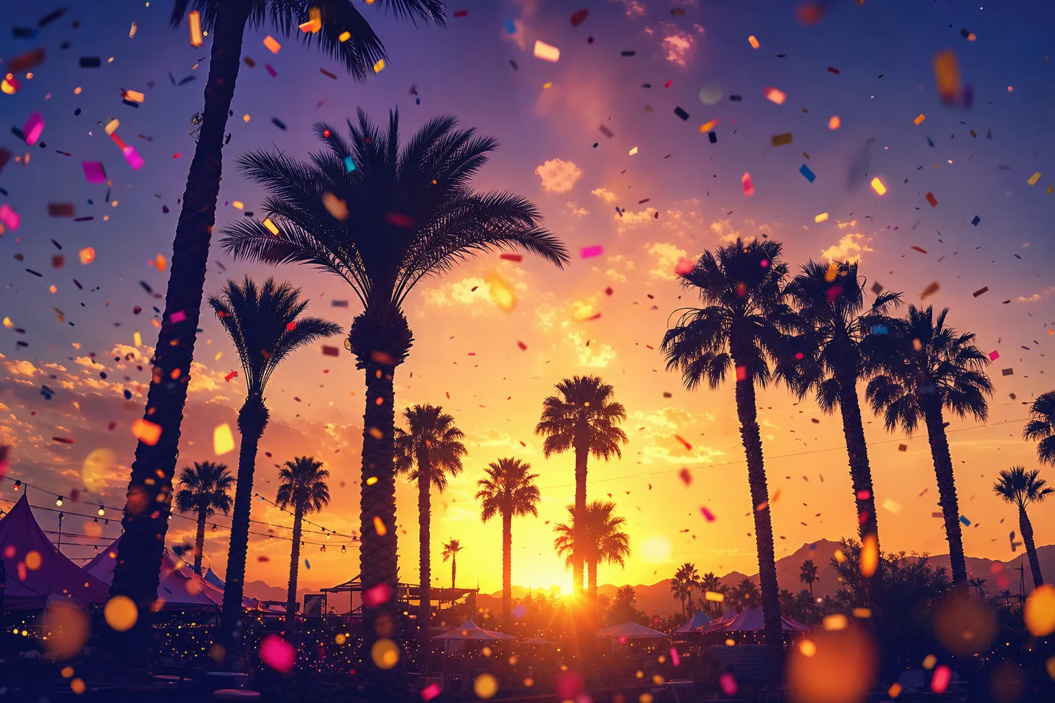 Energetic social media banner for a summer music festival, sunset gradient sky, palm silhouettes, confetti, vibrant orange and purple tones