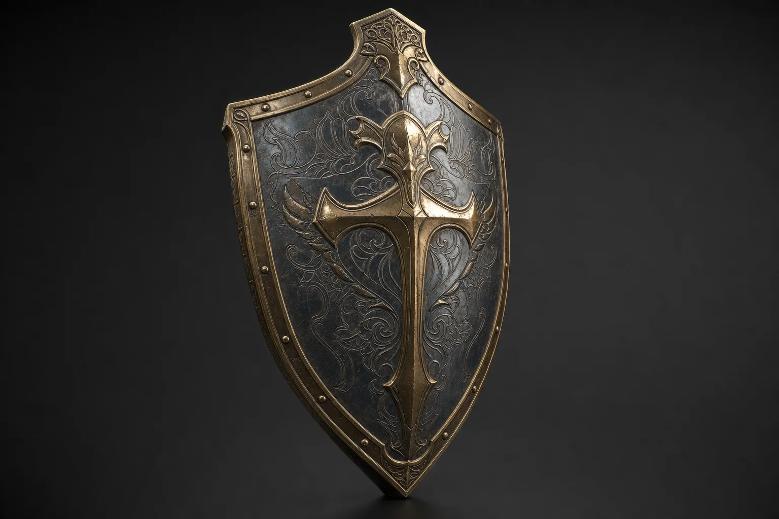 A fantasy medieval shield with intricate engravings on a neutral studio backdrop, 3D render.