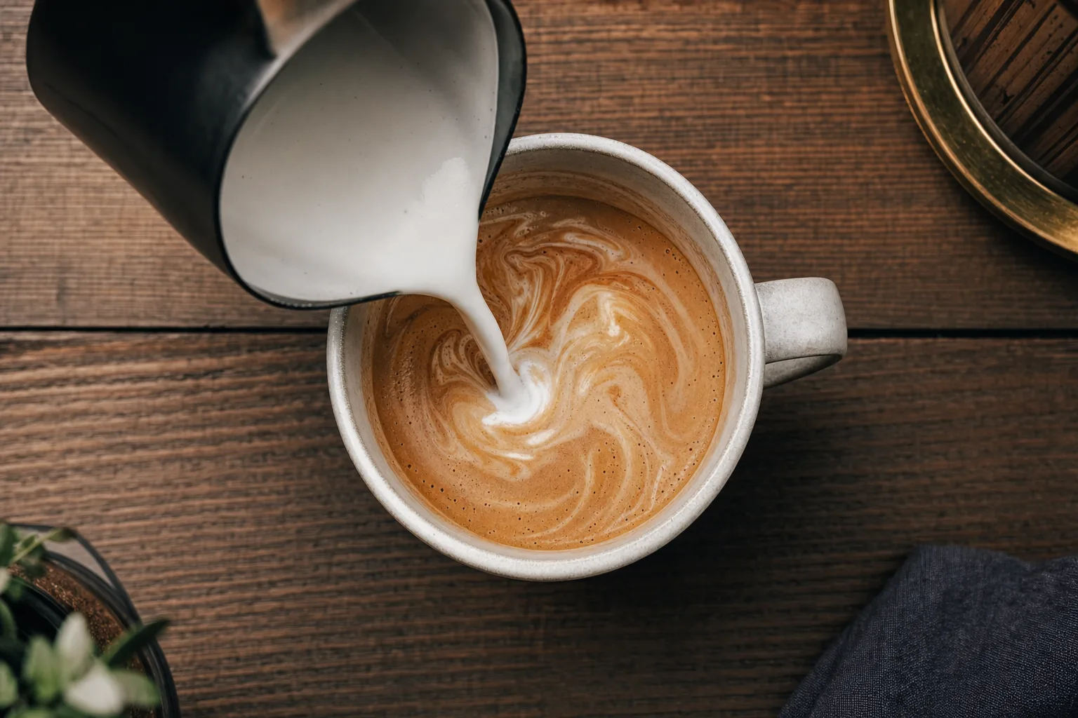 A latte being poured from above into a ceramic mug in a cozy cafe, top-down view.