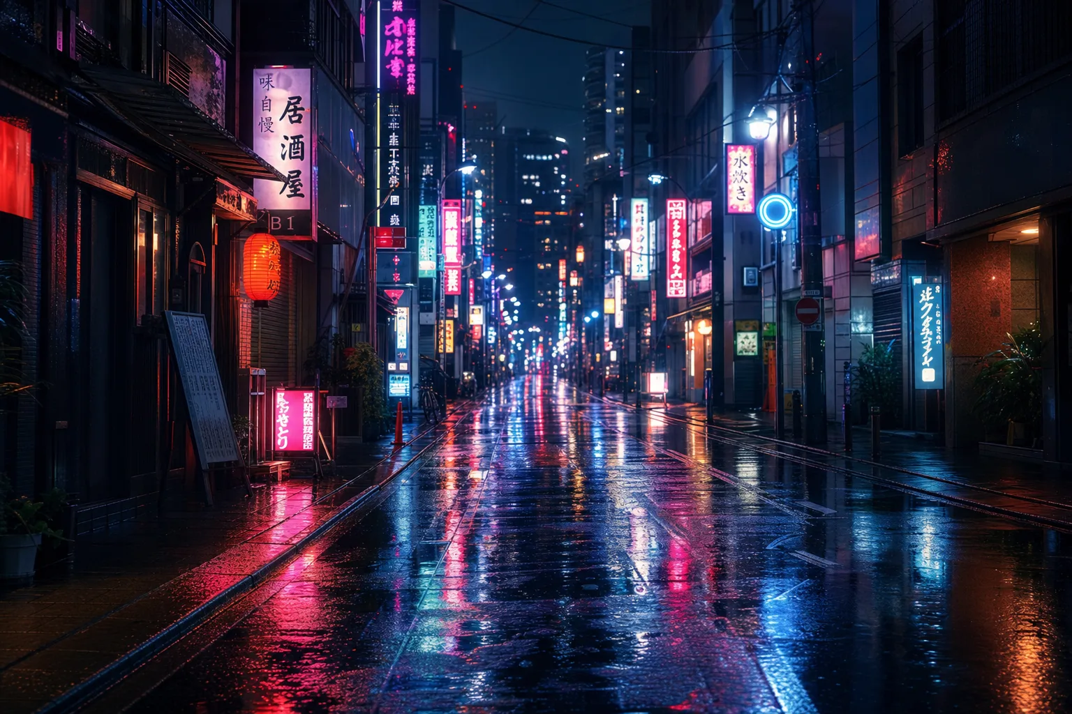Neon-lit Tokyo street at night during rain, reflections glistening on wet asphalt.
