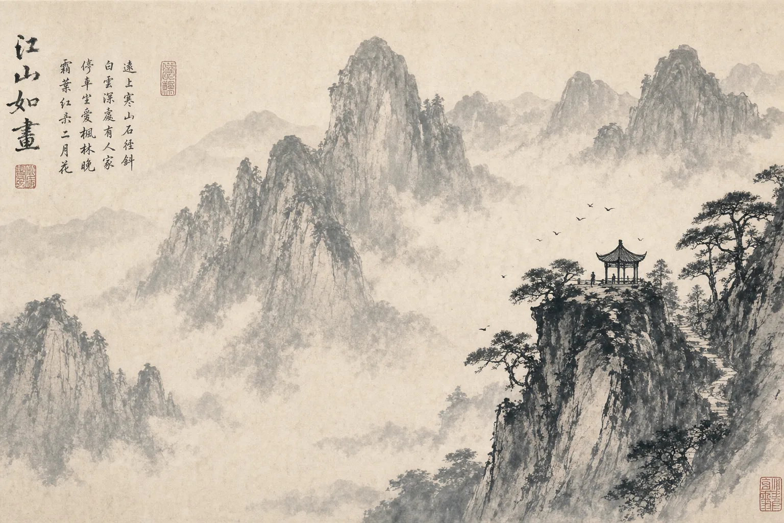 Ancient Chinese ink painting: misty mountains with a tiny pavilion on a cliff.