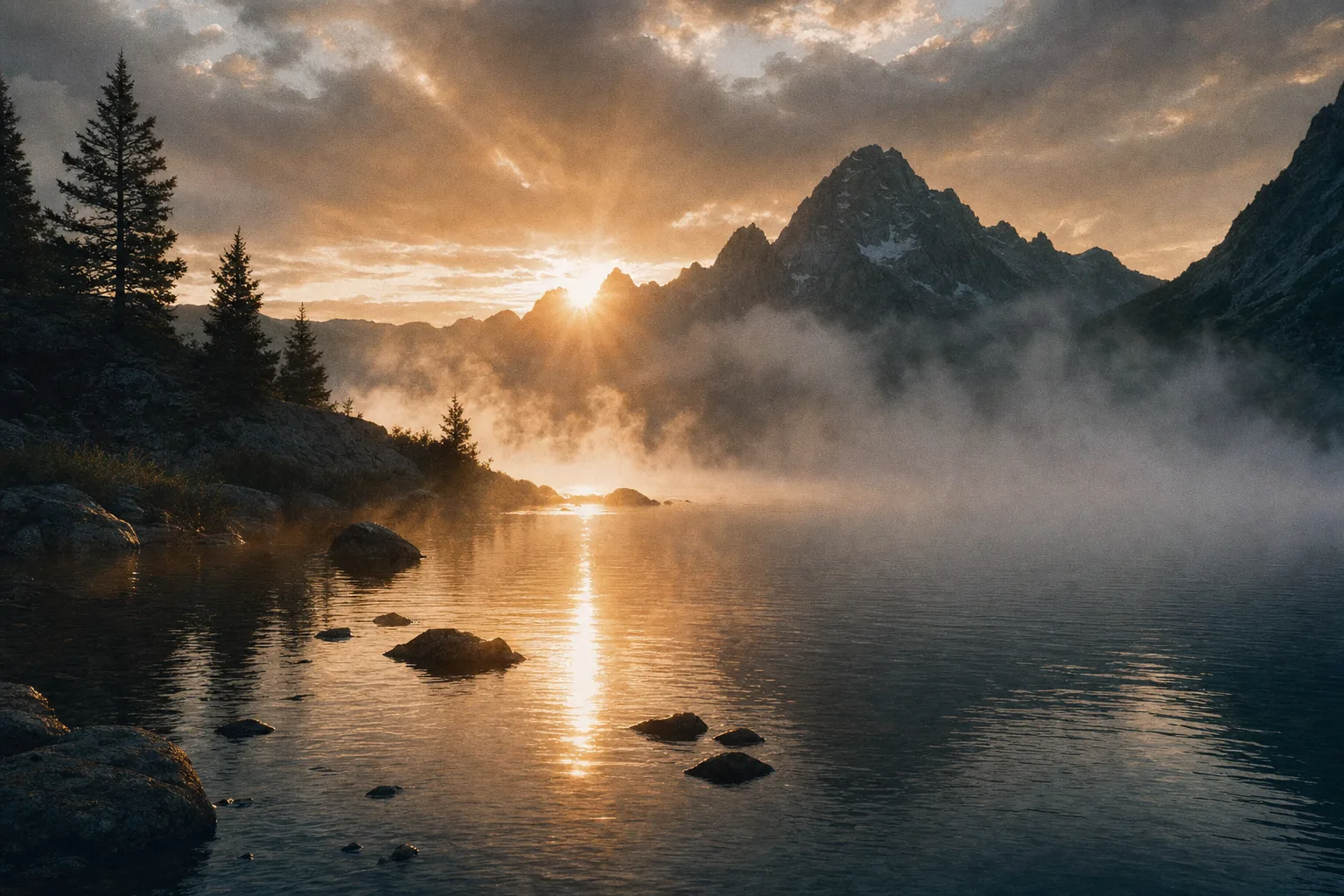 A serene mountain lake at sunrise with golden light catching the water and rising mist.