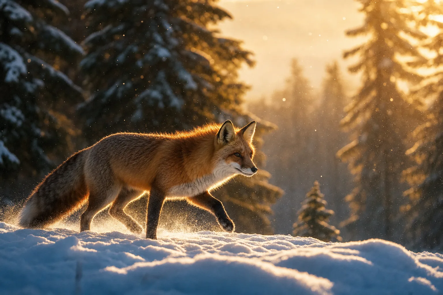 A red fox walking through a snowy pine forest at dawn, soft golden light, slow cinematic camera push-in, breath visible in the cold air