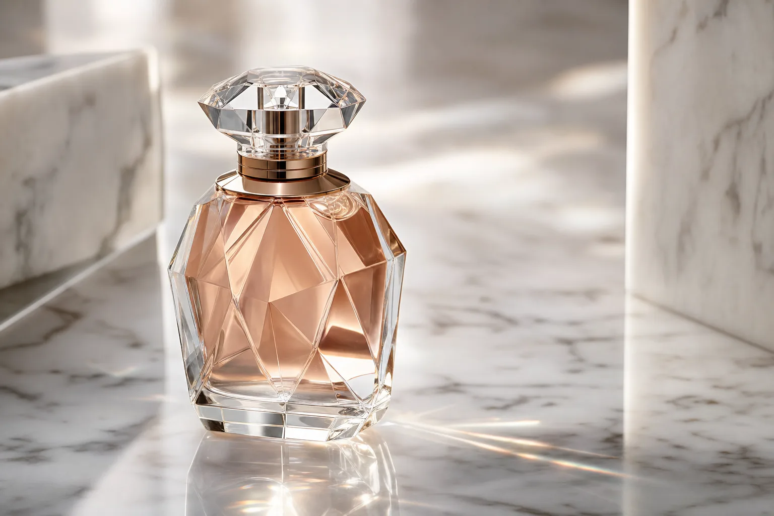 Bring this product photo to life: a glass perfume bottle on marble, slow rotation, soft studio light, gentle reflections moving across the glass