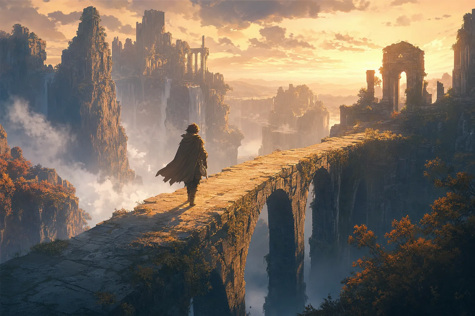 Animated young explorer character in a flowing cloak crossing a stone bridge over a misty canyon, consistent character design, painterly anime style
