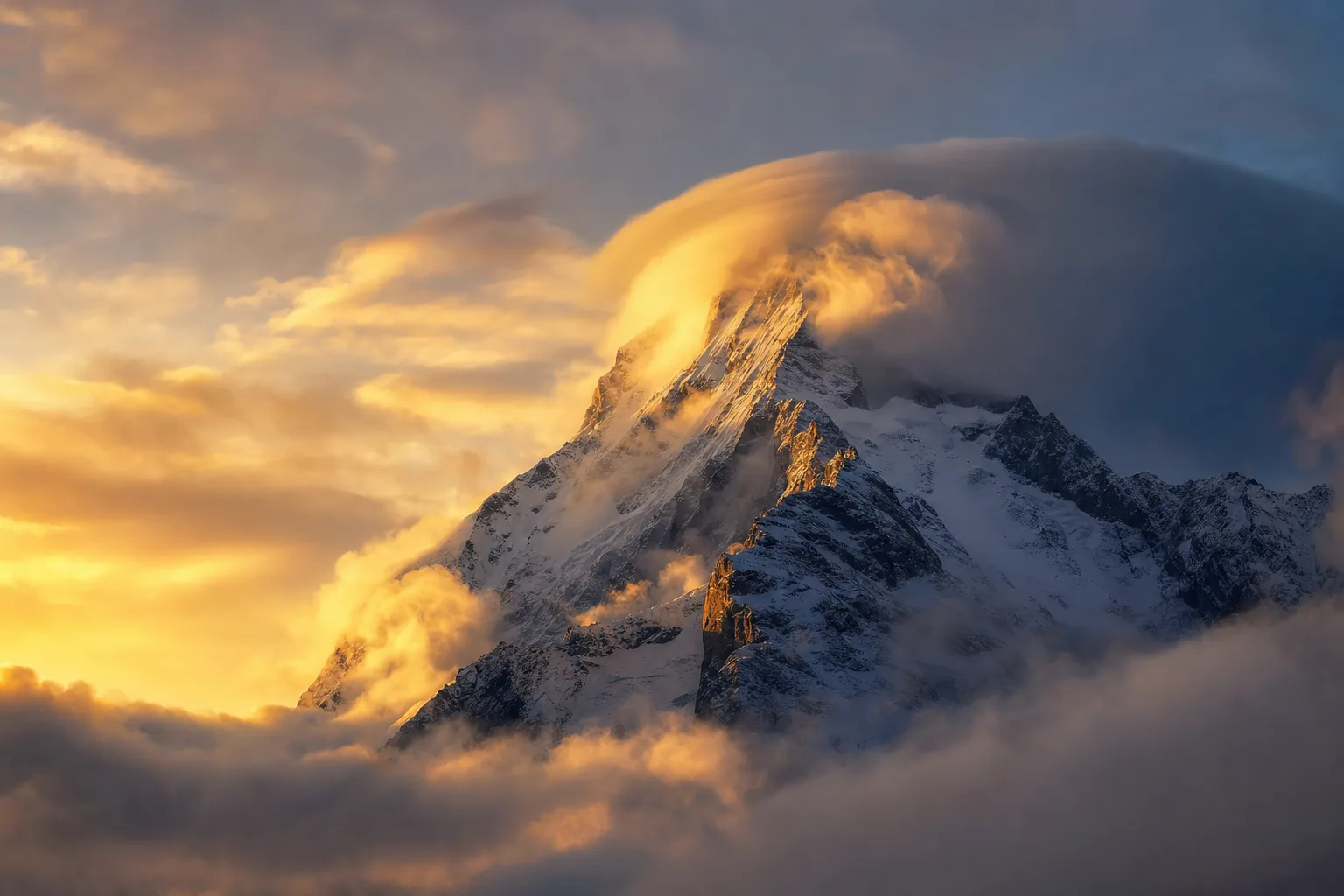 Time-lapse of clouds rolling over a snowy mountain peak at golden hour.
