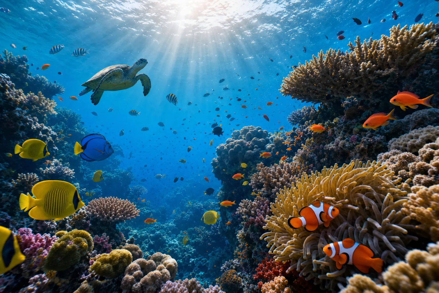 Coral reef teeming with colorful fish, gentle sunlight filtering through the water.